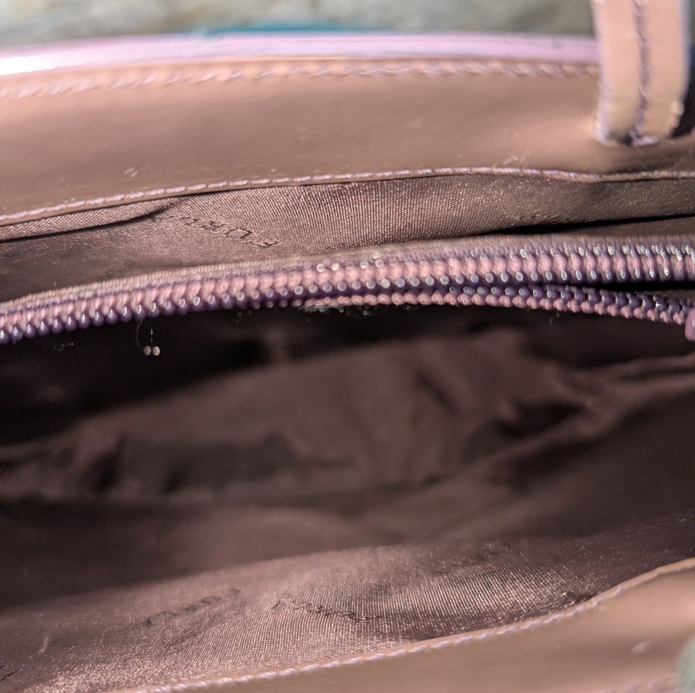 Vintage Furla Made In Italy Taupe Brown Patent Leather Tote Floral Accents image 10